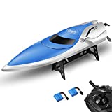 E T RC Barco, Barco de Control Remoto para Piscinas y Lagos 2.4 GHz Alta Velocidad RC Barcos de Carreras para Adultos niños Bonus batería (azulblanco)