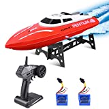 kuman Barco de Control Remoto, 25KM / H de Alta Velocidad RC a Prueba de Agua Bote de Carreras con Giro de 180o Función, LCD de 2.4GHz Controlador de Pantalla / Adultos Piscina KS1